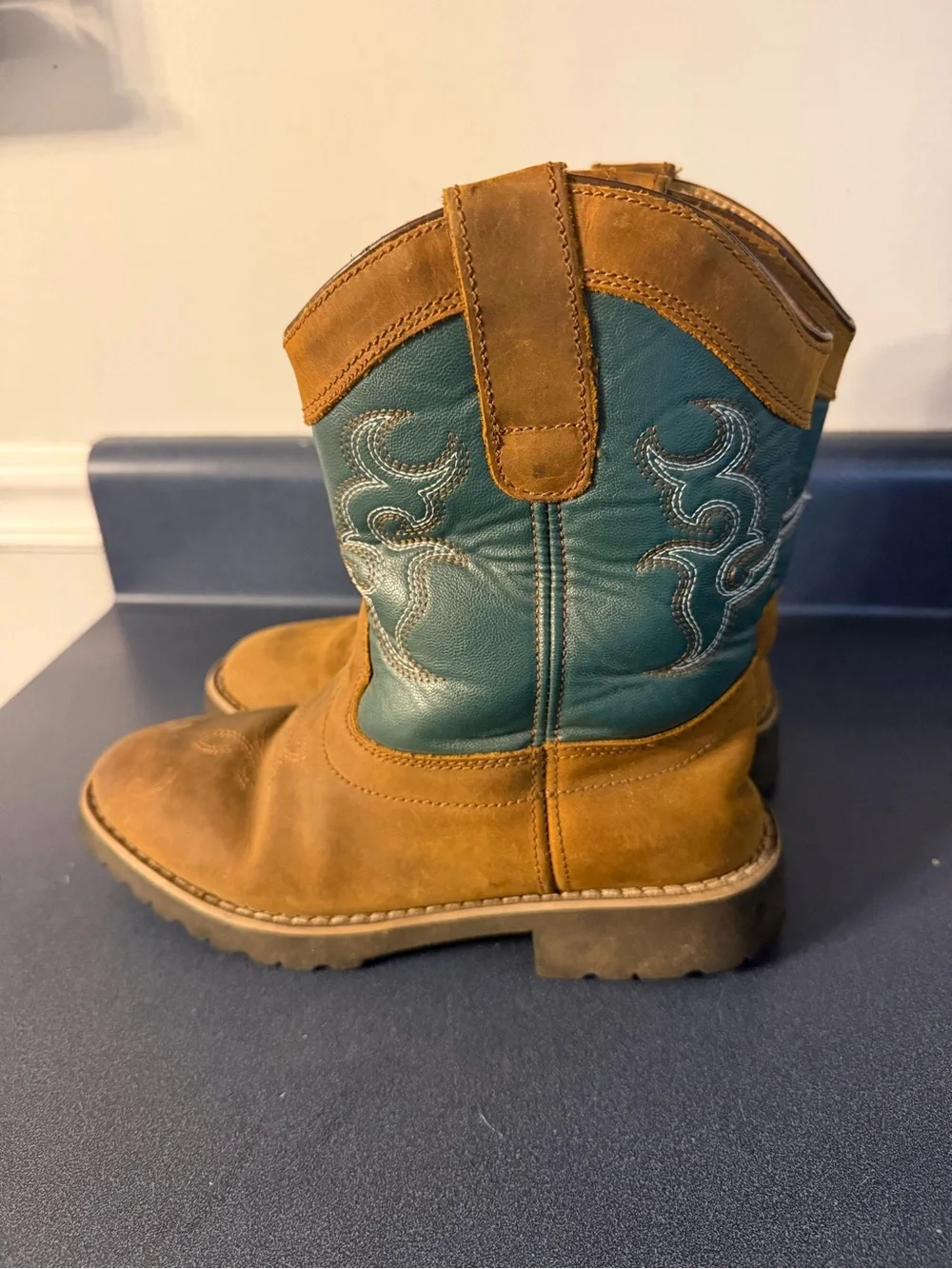 Kids Brown and Teal Western Pull-On Boots